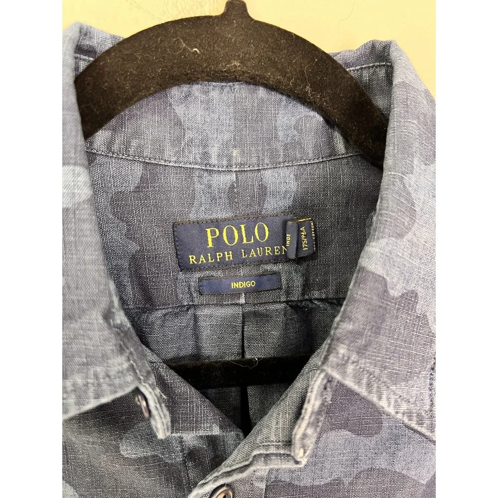 Polo Ralph Lauren Classic‎ Fit Indigo Cotton Chambray Camo Shirt Sz Medium